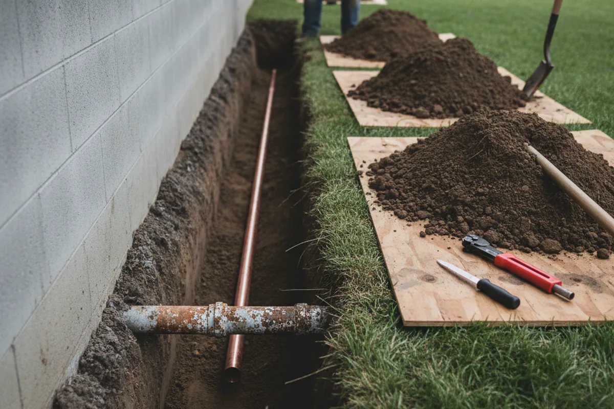 Excavated water line trench during Water Softener Installation in Price